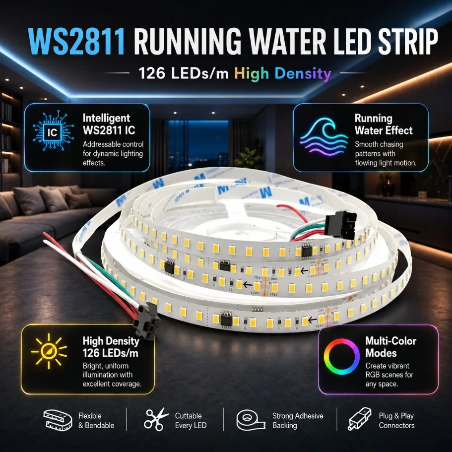 DC24V WS2811 SMD2835 LED Strip 126LEDs/m Smart Running Water Flowing Light IP30 Flexible Tape with Wireless Controller 0.5m-10m