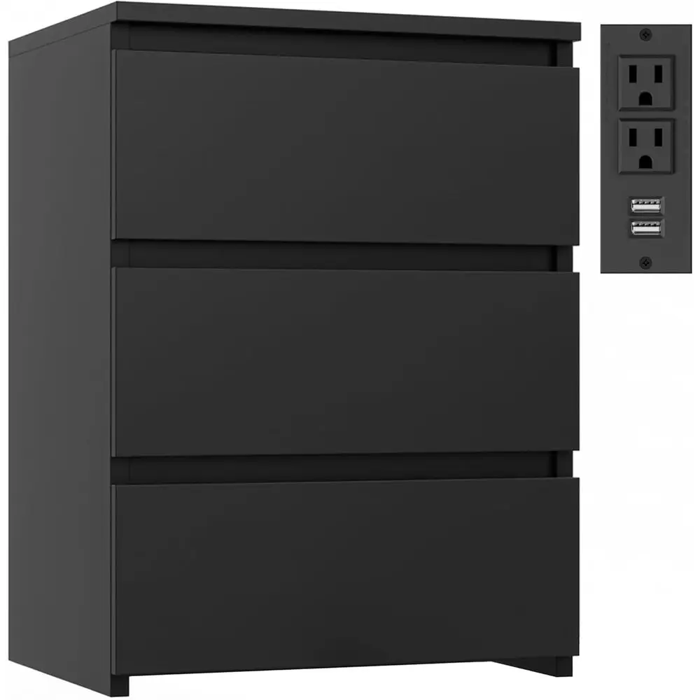 

Pair of Black Nightstands with 3 Drawers, Cut-Out Handle, Bedroom Side Tables, 17.7Wx15Dx21.7H night stands for bedroom