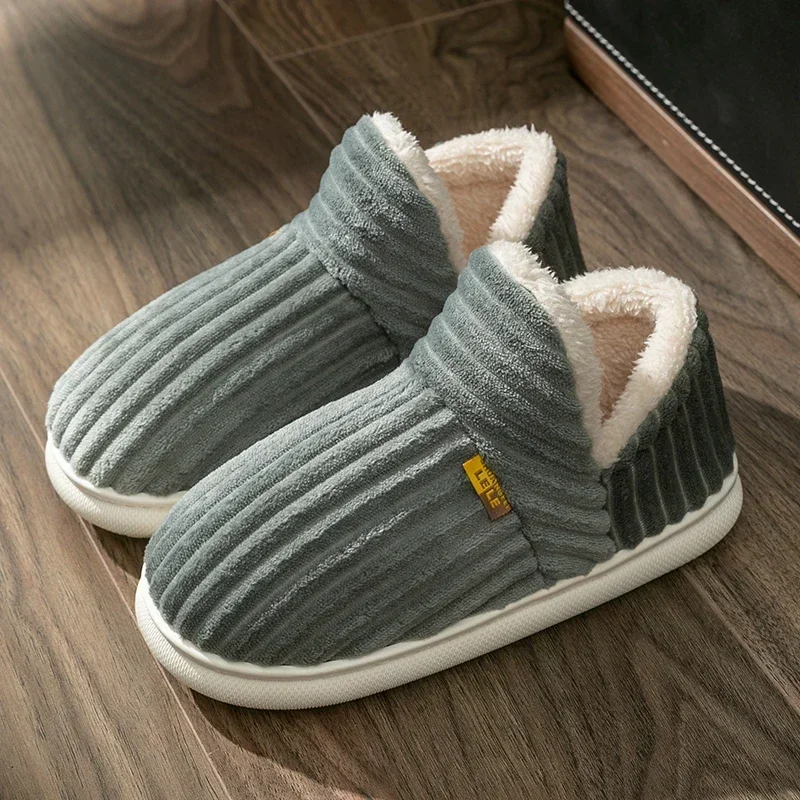 Winter Couple Style Simple Stripes Wrap Heels Plush Slippers Male Non-slip Soft Warm Flip Flops Men Home Casual Cotton Shoes