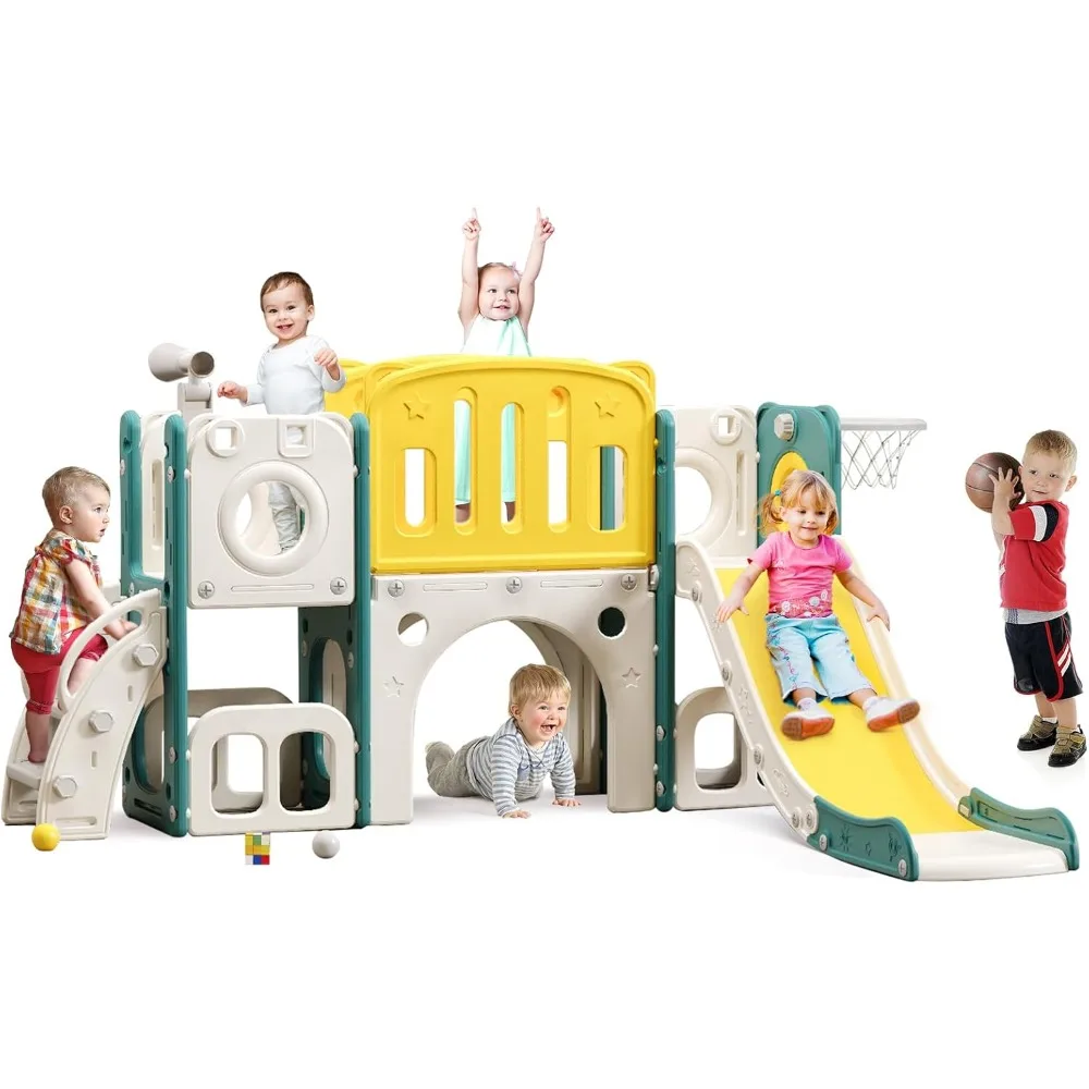 Juego de toboganes para niños: centro de juegos de escalada y deslizamiento con aro de baloncesto, adecuado para juegos al aire libre e en interiores