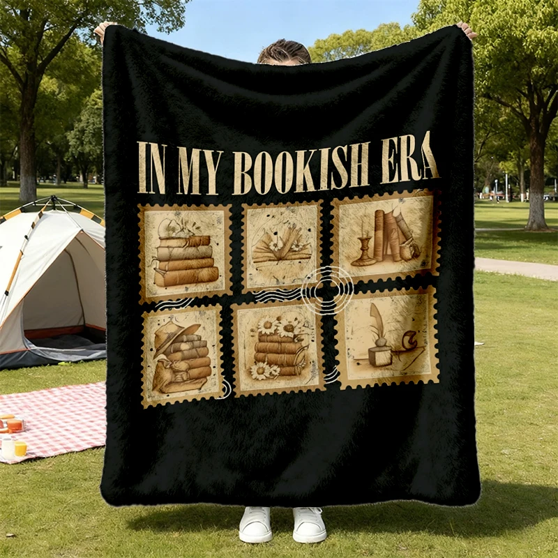 Book Lover Postage Stamp Flannel Throw, Vintage Book Aesthetic Cozy Blanket, Reading Gift
