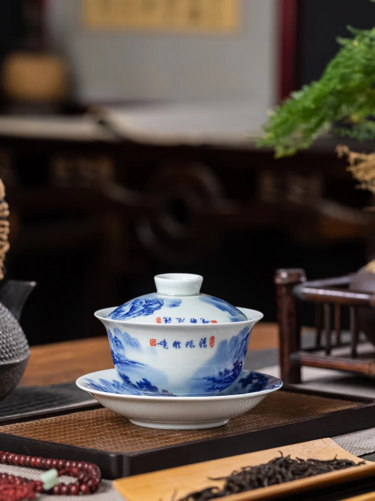 Real Chinese Retro Jingdezhen Gaiwan Blue and White Porcelain Landscape Painting Gaiwan Tea Making Ceramic Cup