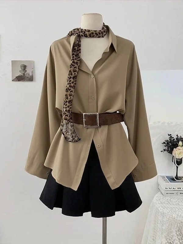 

Korean Style Long Sleeve Neck Shirt Women's Autumn 2025 Waist Cinched Belly Covering Leopard Print Single Button Top