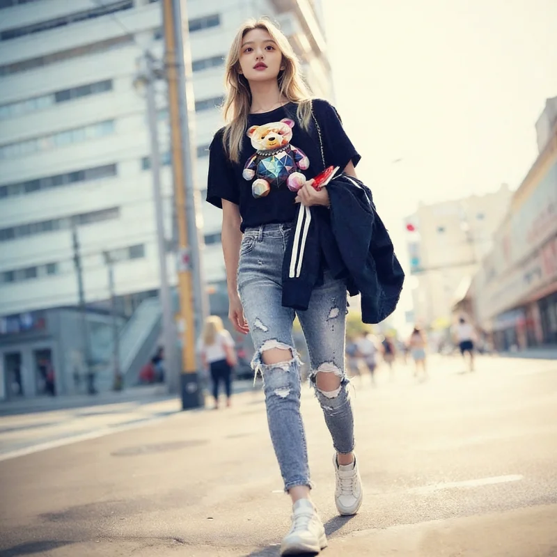 European High-End Bear Print Trendy Women's Short Sleeve T-Shirt Summer New Arrival 2025 Casual Fashion Top for Ladies