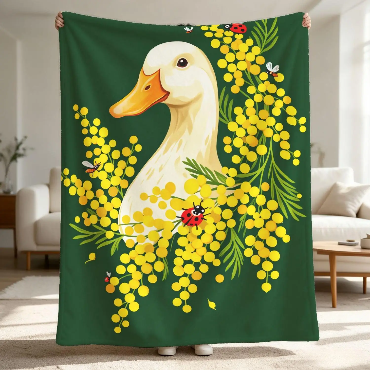 [Flannel Blanket] Mimosa Duckling Blanket, Spring Country Garden Blanket, Floral Decor, Nature Lover Gift, Soft Bedspread