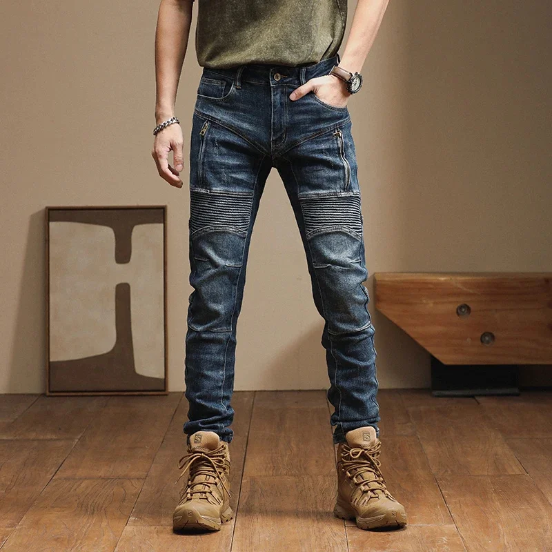 The new American high-end trend Slim personality zipper splicing biker small leg pants retro jeans for men pantalones hombre