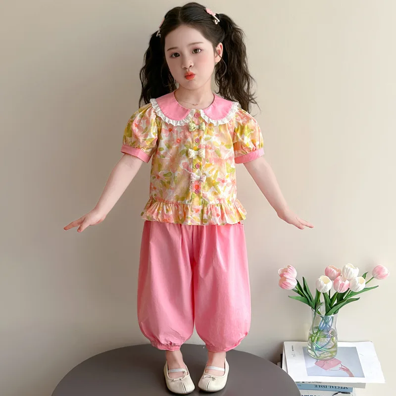 Girls' Short sleeved Set Summer 2025 New Style Children's Baby Stylish Summer Dress Little Girl Floral Two Piece Set