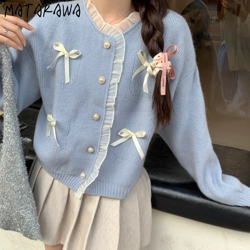 

Matakawa Lace Ruffles Cardigans Woman Sweet Bows Autumn Winter Women Sweaters Korean Fashion Elegant Loose Sueter Mujer