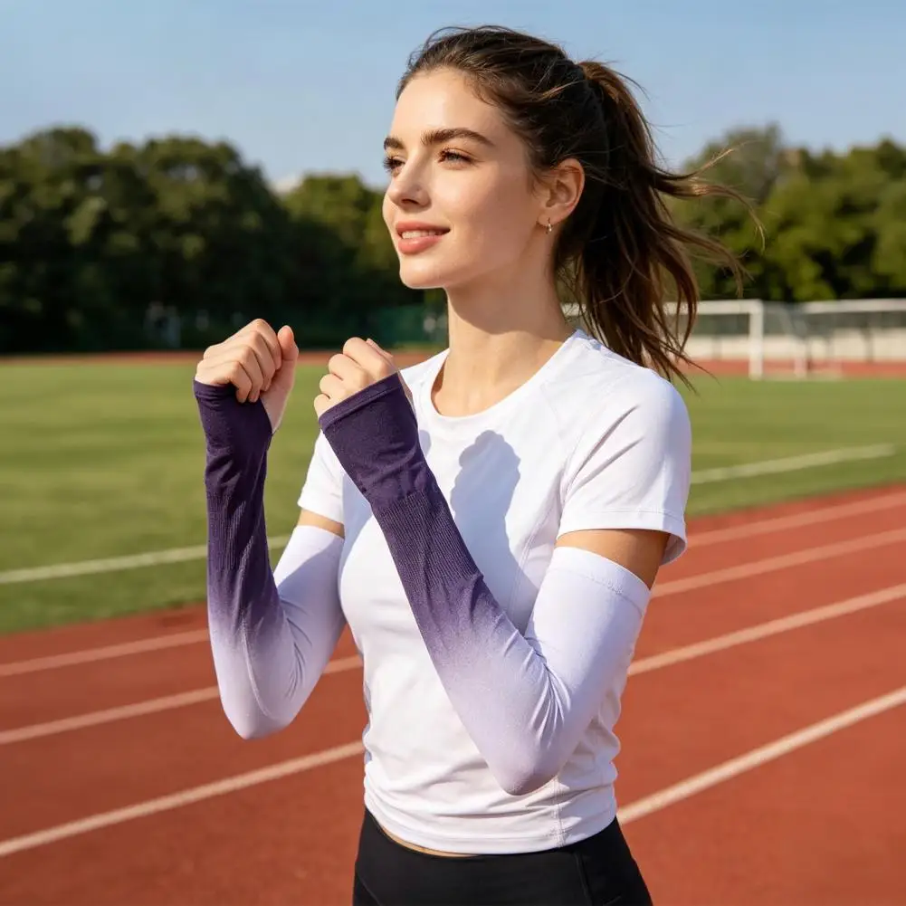 Ice Silk Arm Sleeves Uv Protection Arm Sleeves with Thumb Hole Gradient Ice Silk Sun Protection Sleeves for Women Summer Driving