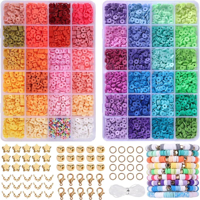 5000pcs Rainbow Colors Clay Beads Bracelet Making Kit, Flat Round Clay Bead Set for Jewelry Bracelet Necklace Earring Making Diy