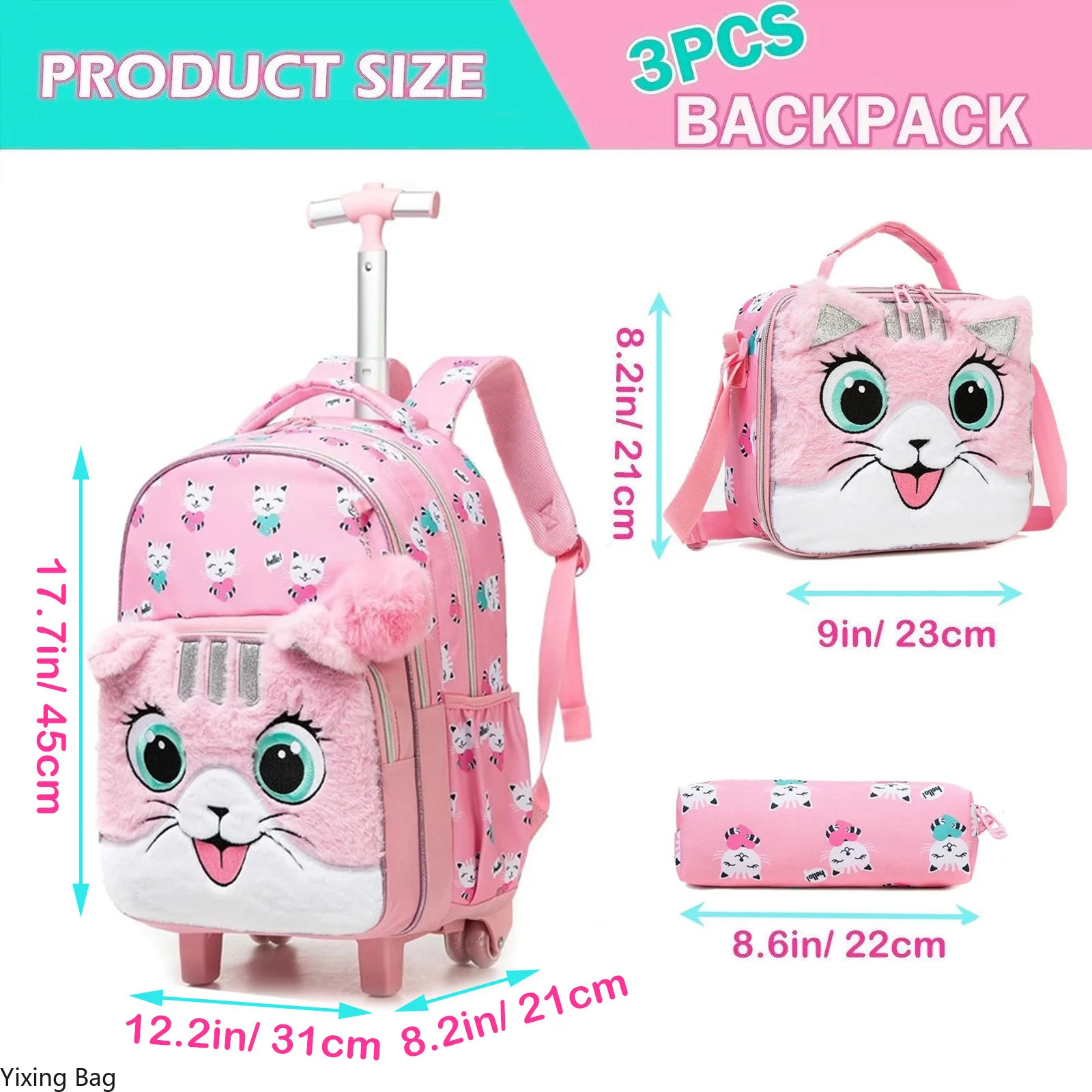 Cute Cat Rolling Backpack for Girls School Backpack with Wheels Wheel Kids Bag Durable Carry-On Luggage for Elementary Student