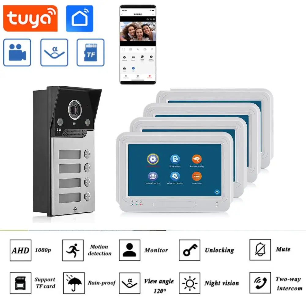 

Tuya 2/3/4 AHD 1080P Apartments Home Video Intercom with Access Contro Camera Video Door Phone 7 Inch Wifi Monitor