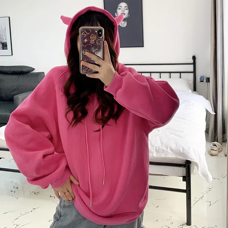 2023 Spring Devil Horn Hooded Sweatshirt Women Plus Velvet Warm Loose Harajuku Hoodies Female All-Match Cute Pullovers Tops New