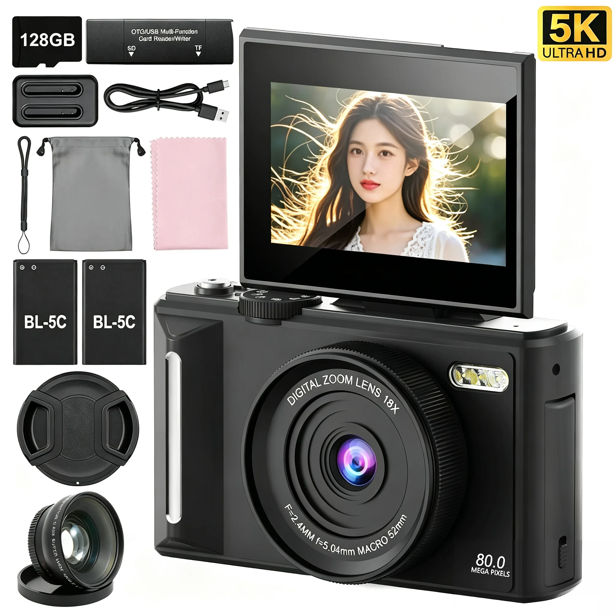 80MP 5K Digital Camera Auto Focus Vlog 18X Digital Zoom Video with WiFi 3.0" Screen Portable Vintage for Teens Travel Youtube