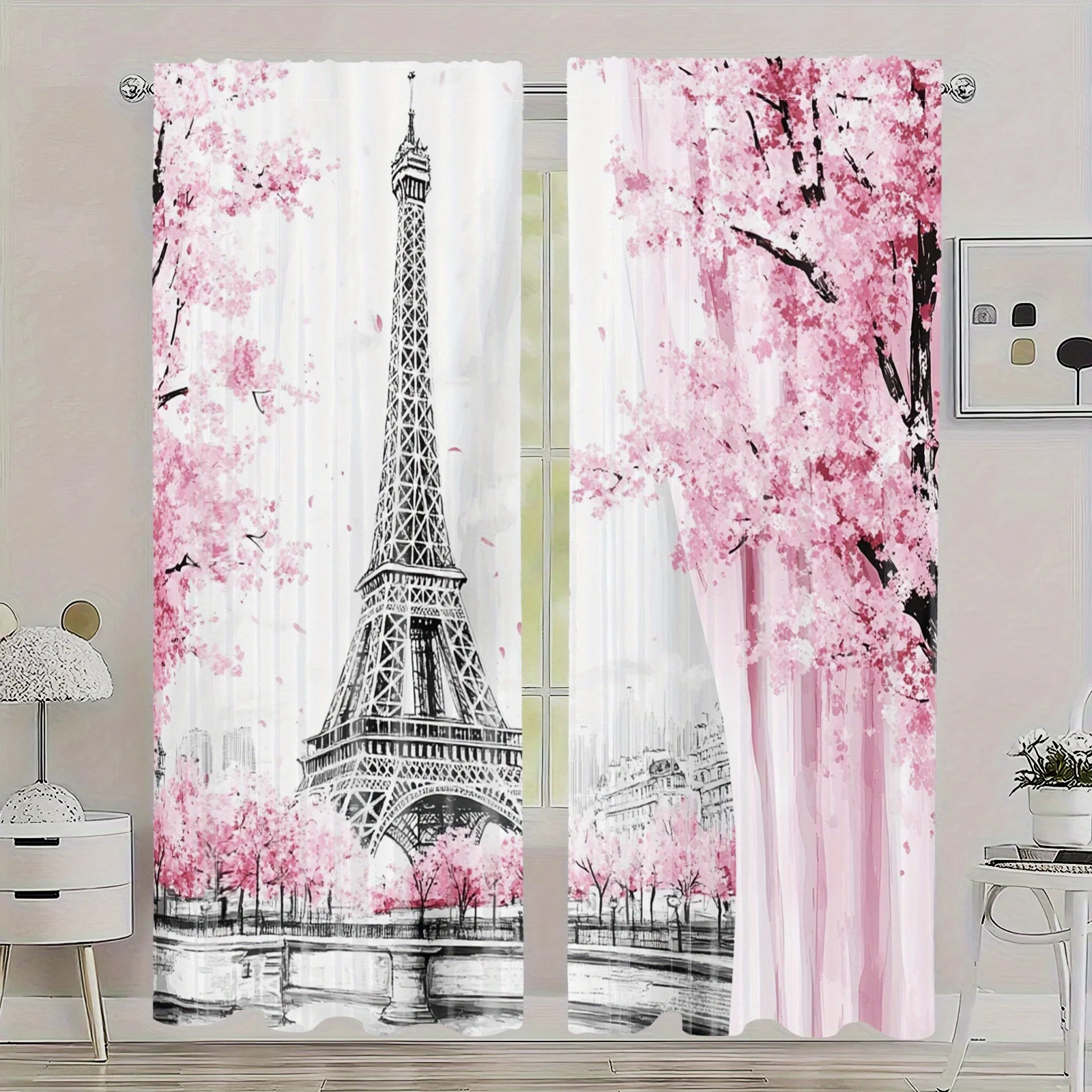2pcs eiffel tower and cherry blossom curtain with romantic paris design for living room privacy and decor dreamy floral style