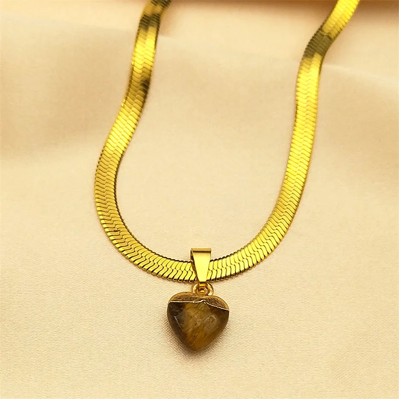 Vintage Brown Tiger Eye Stone Love Heart Pendant Necklace Women Men Stainless Steel Gold Color Chain Choker Jewelry NZZZ417-3S01