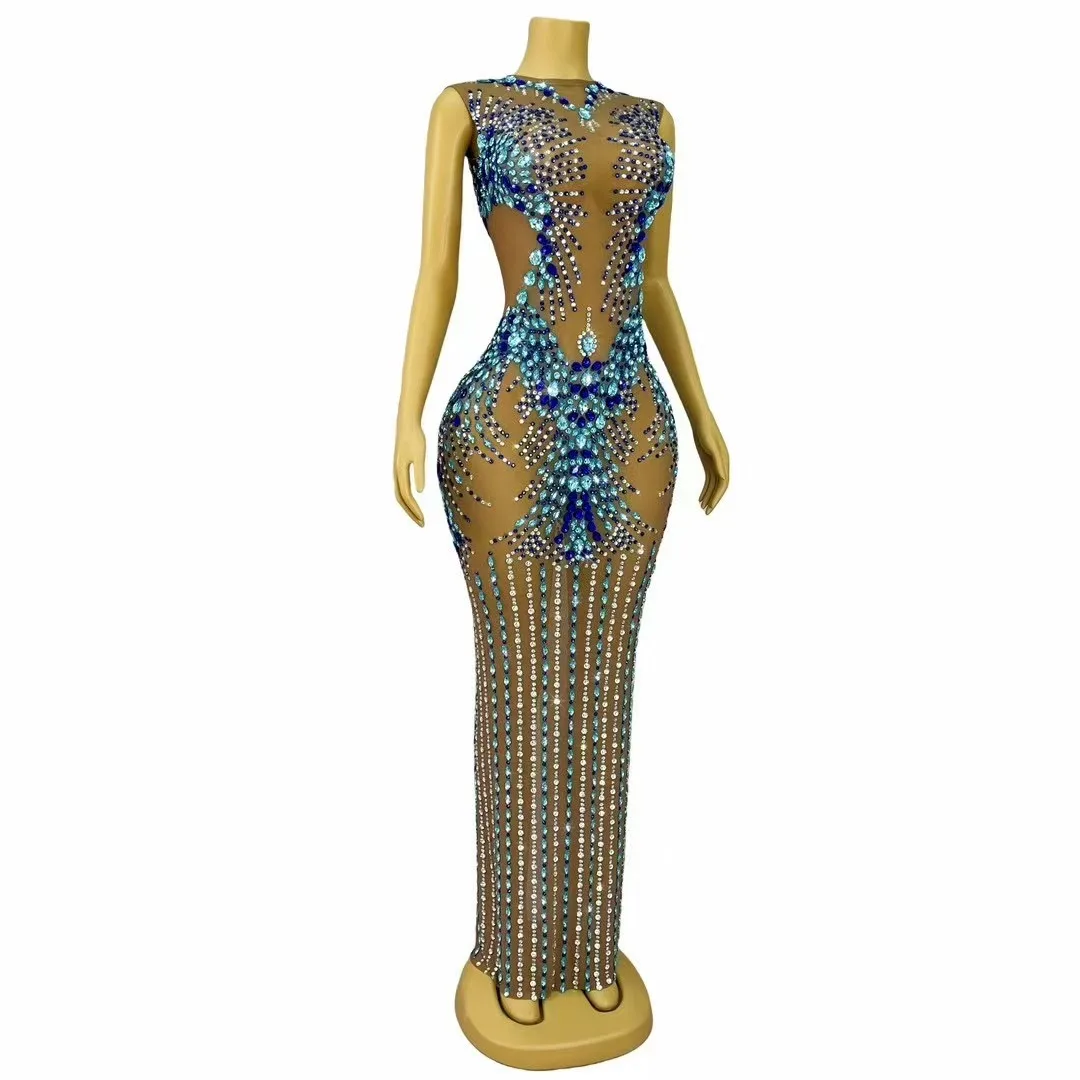 Sexy Stage Nude Mesh Luxury Sparkly Rhinestones Maxi Dress Women Evening Party Elegant Gown Show Red Carpet Photoshoot Costume