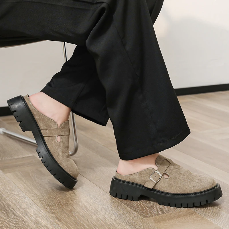 Letnie Nowe Męskie Modne Skórzane Buty na Niskim Obcasie Casualowe z Grubą Podeszwą Antypoślizgowe Buty Bez Palców Buty Wizytowe Rozmiary Męskie 38-45