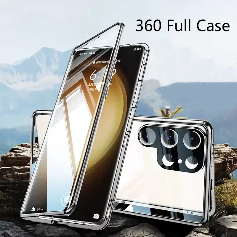 For Samsung Galaxy S25 S26 Ultra S24 FE S22 S23 Plus Phone Case Magnetic Adsorption Metal Double Sided Tempered Glass Cover Case