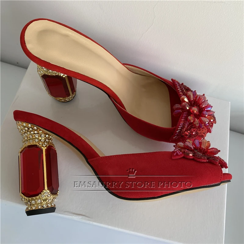 Sequined Beads Flower Party Shoes Summer Jeweled Diamond High Heel Sexy Open Toe Suede Rhinestone Sandals Women