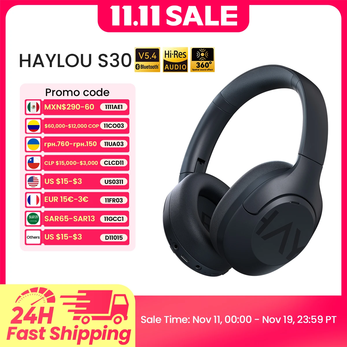 HAYLOU S30 Wireless Bluetooth 5.4 Headphones 43dB Adaptive Noise Cancelling Headsets 40mm Driver 80H Playtime Earphones