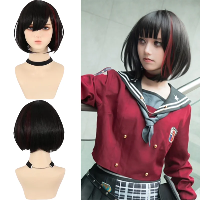 

Anime Mitake Ran Cosplay Wig Black Short Bob Wig with Red Streak Heat Resistant Synthetic Hair Natural For Women Daily Party