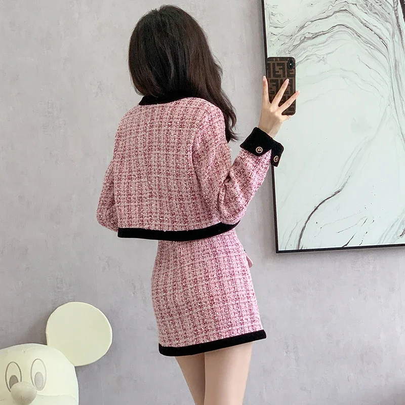 French Small Fragrance Autumn and Winter Tweed Two Piece Plaid Ladies Bow Short Coat + High Waist Mini Skirt Women Elegant Suit