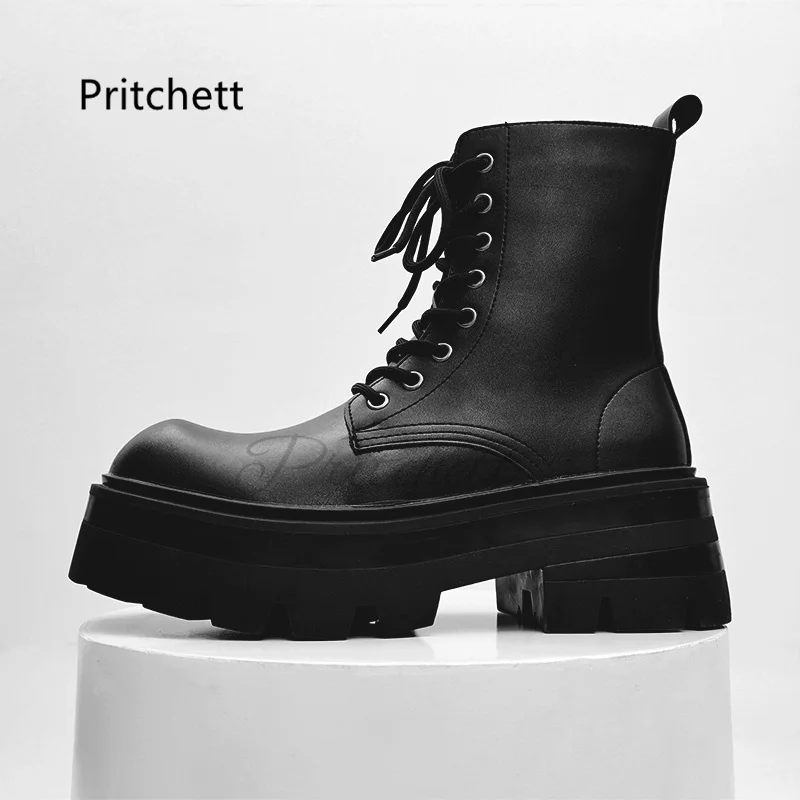 British Style Motorcycle Boots for Men Chunky Platform Men\'s Spring Retro Leather Side Zipper Heightening High Top Work Shoe