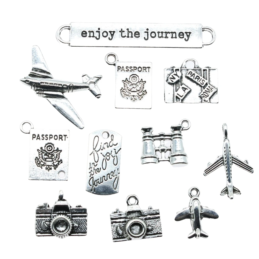 10pcs Travel Charms Journey Charms Jewelry Making Aircraft Camera Passport Trunk Charms For Bracelet Making