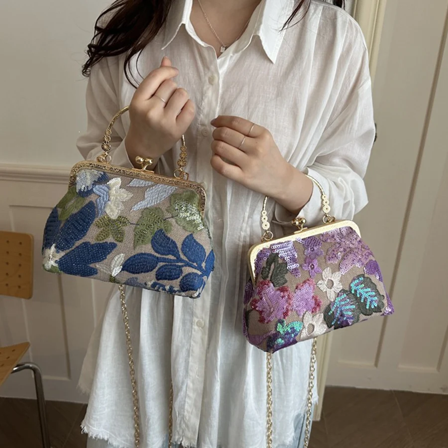 Umhängetasche mit Pailletten-Stickerei, mehrfarbig, mit Blättern und Blumenmuster, kleine quadratische Taschen für Damen, einfache Damen-Geldbörse mit Clip, Handtaschen