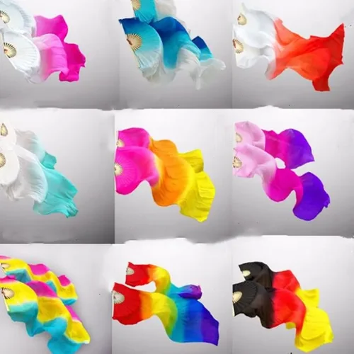 Imagen 2 del producto Los niños adultos hecho a mano colorido seda de bambú llama danza del vientre largo plegable ventilador velos arte colorido púrpura Rosa envío gratis