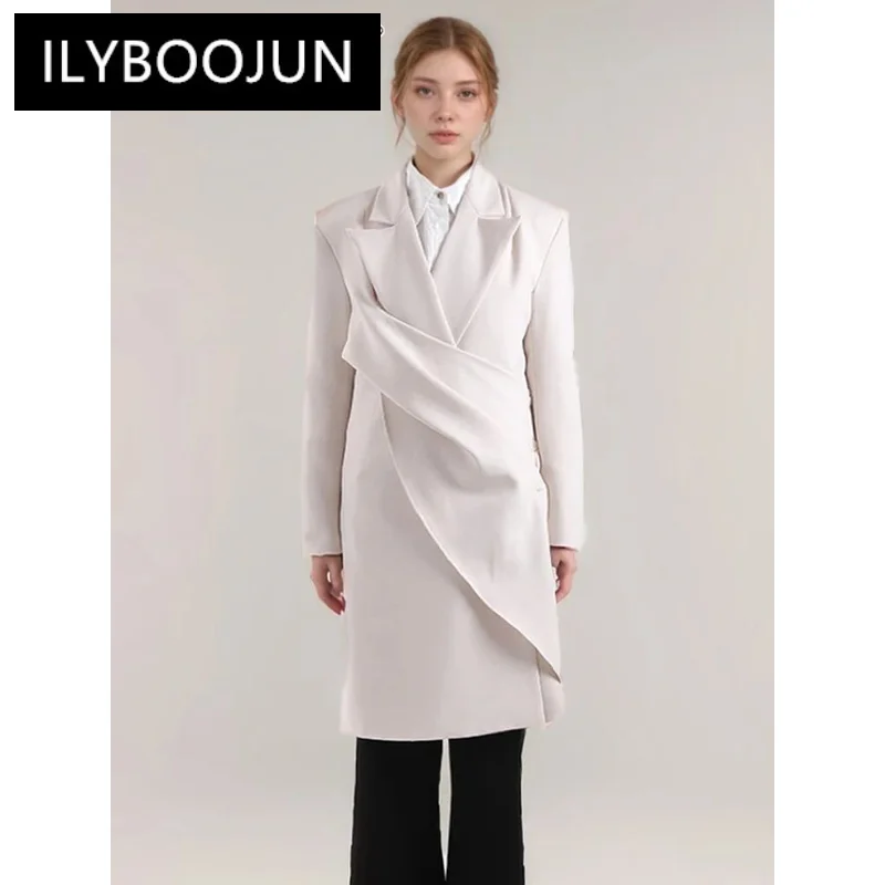 

Solid Asymmetrical Slimming Trench For Women Notched Collar Long Sleeve Designer Chic Coats Female Fashion Luxury Brand