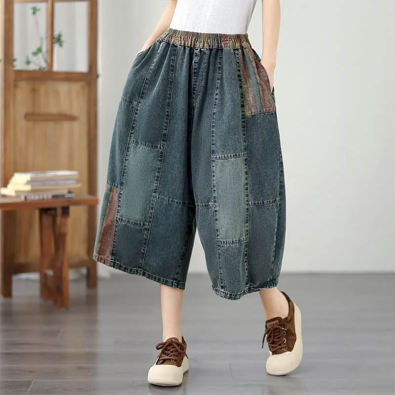 Denim Capri Pants Women 2026 Summer Wear Patchwork Vintage Elastic Waisted Harem Jeans Casual Loose Streetwear Women Clothing