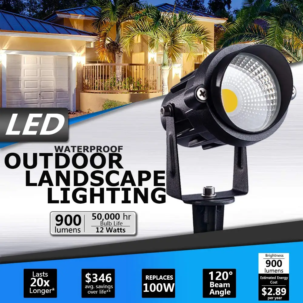 Warm White LED Refletores ao ar livre, lâmpada de rua impermeável, luzes de jardim para quintal, gramado, paisagem luz, COB, 3000K, 12W, 220V, 110V, 1pc