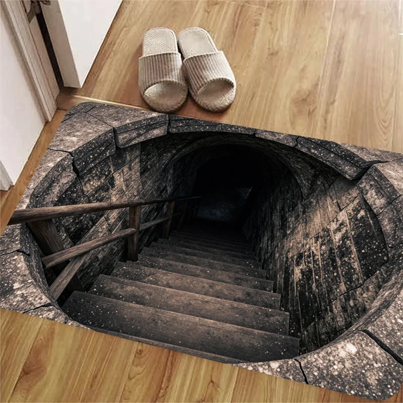 Tapis d'entrée à Illusion Optique 3D Vintage, Motif Tunnel Souterrain, Tapis Décoratif Créatif à Effet Visuel pour Entrée