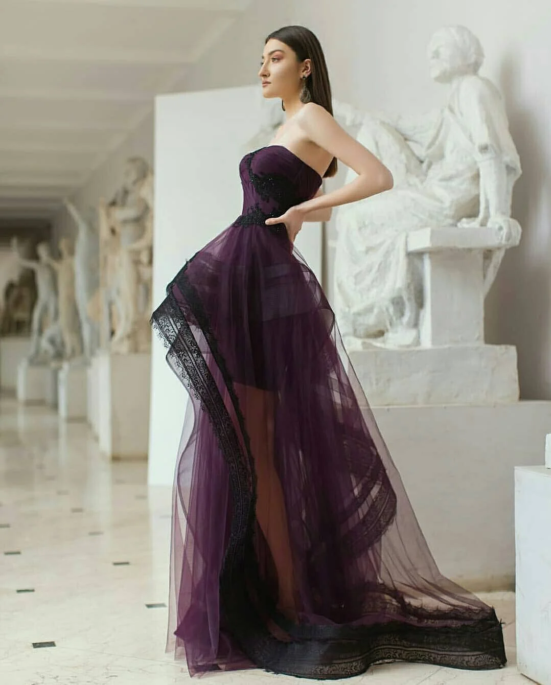 Srunning Dark Purple&Black Asymmetrical Long Maxi Gowns Appliques Lace Ruched Formal Party Dresses See Thru Bridal Dresses