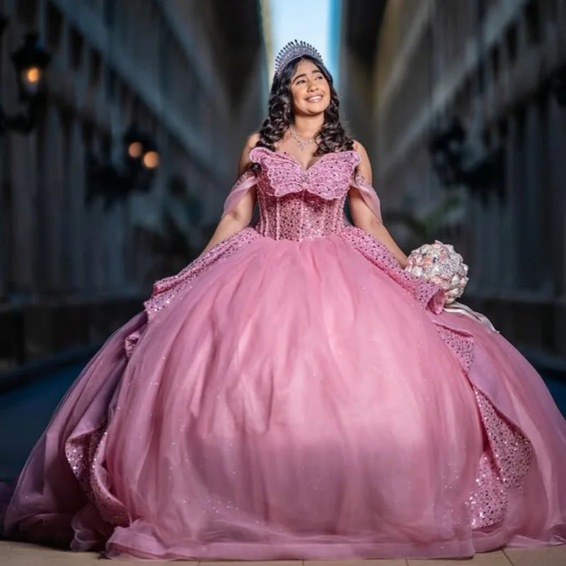 

Customized Shiny Pink Quinceanera Dresses Off the Shoulder sequin applique butterfly Long tail Bow Vestido 15 Quinceanera