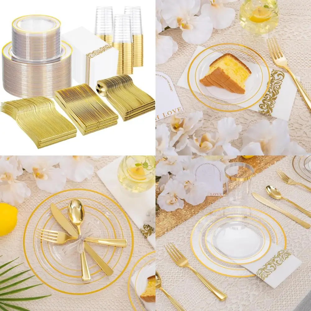 

Набор золотой посуды для 100 гостей — прозрачные одноразовые тарелки из 700 предметов, идеально подходящие для вечеринок и свадеб