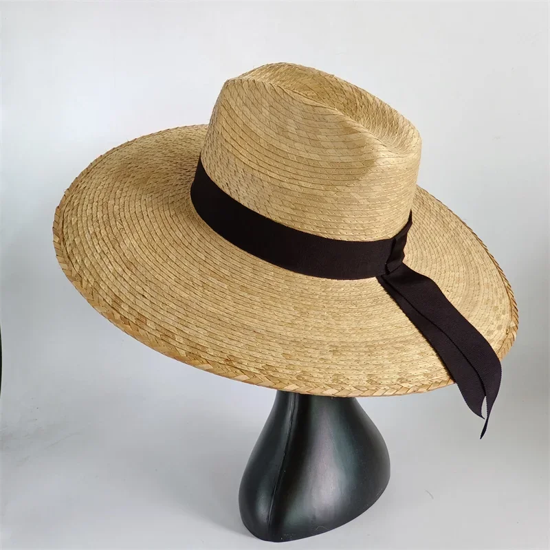 Summer Straw Beach Hat Palm Leaf Women Seaside Sun Hat Bow Ribbon Double Concave Top Large Brim