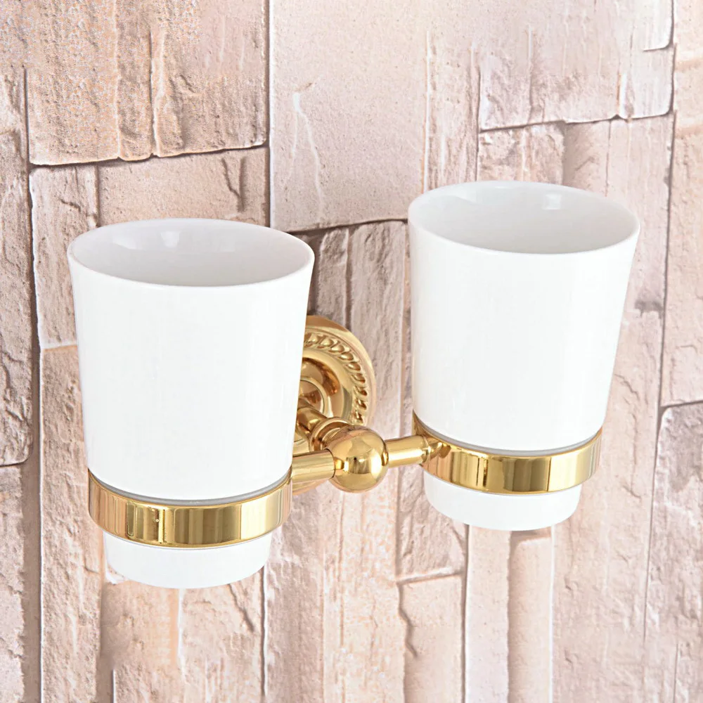 

Gold Color Brass Bathroom Accessories Ceramic Cup Holder Wall Mount Toothbrush Holder for Bathroom