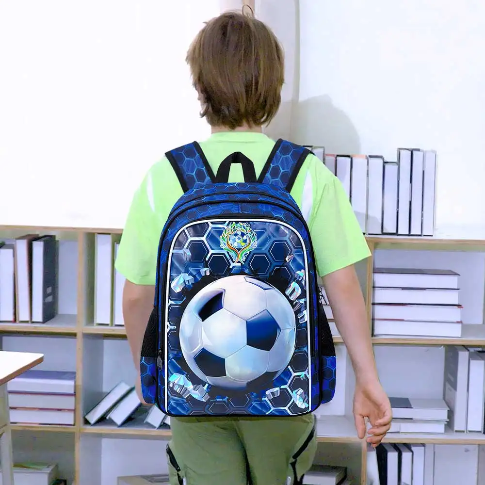 3PCS Football Backpack for Boys, 16 Inch Kids Water Resistant Preschool Bookbags with Lunch Box, Cool Elementary School Bag for