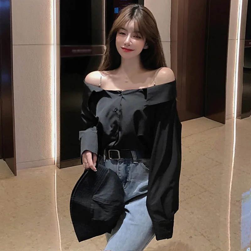 Women Shirts Off Shoulder Blouse Summer Tops Casual Straps Button Loose Long Sleeve Solid Sexy Blouse Top