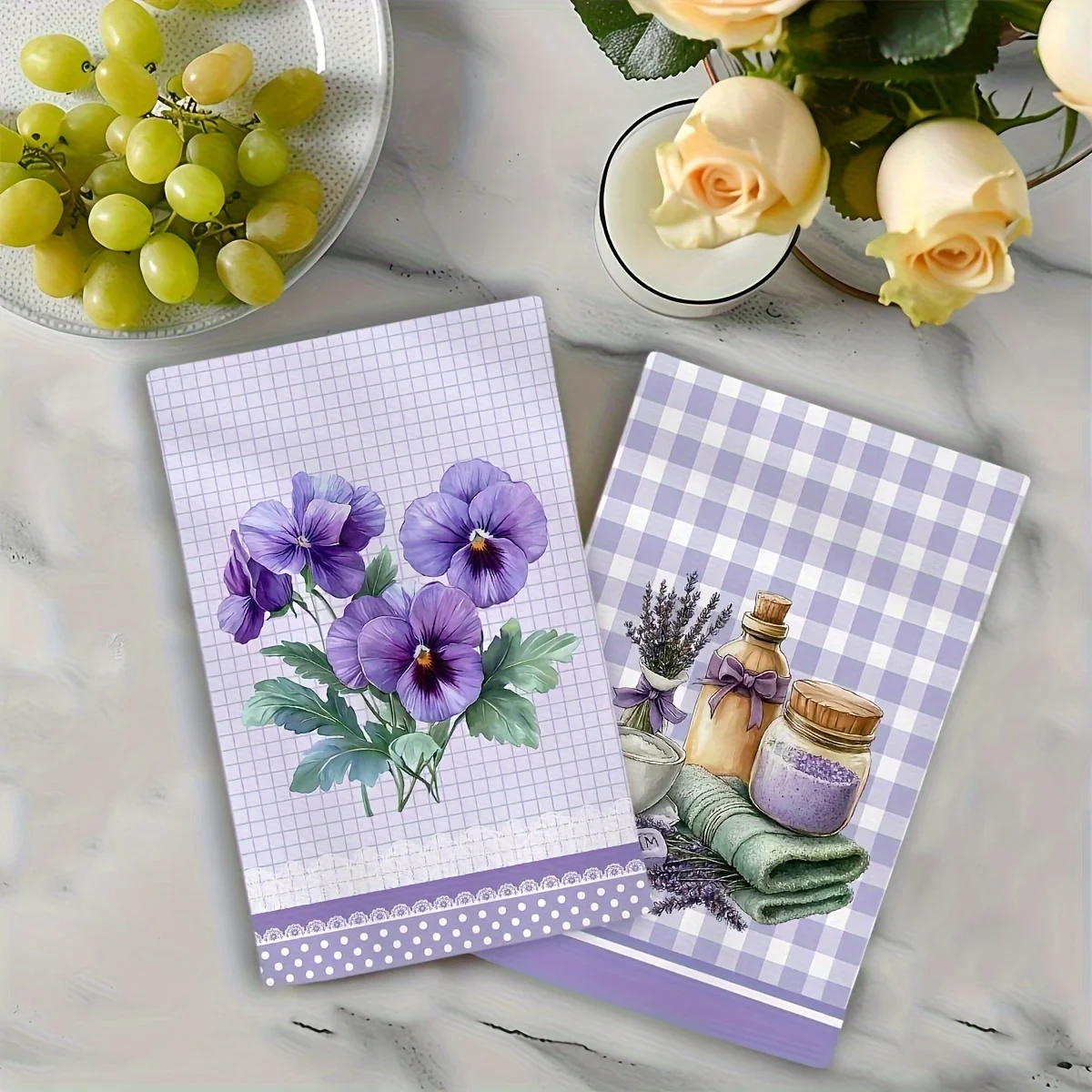 Pack of 2, purple vase, can and can printed towel.