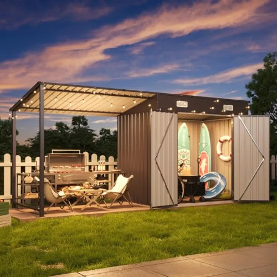 6x4FT Outdoor Storage Shed and Hardtop Gazebo Combo, 12x4FT Metal Lean to Shed with Open-Sided Pergola, 2-in-1 Durable Garden T