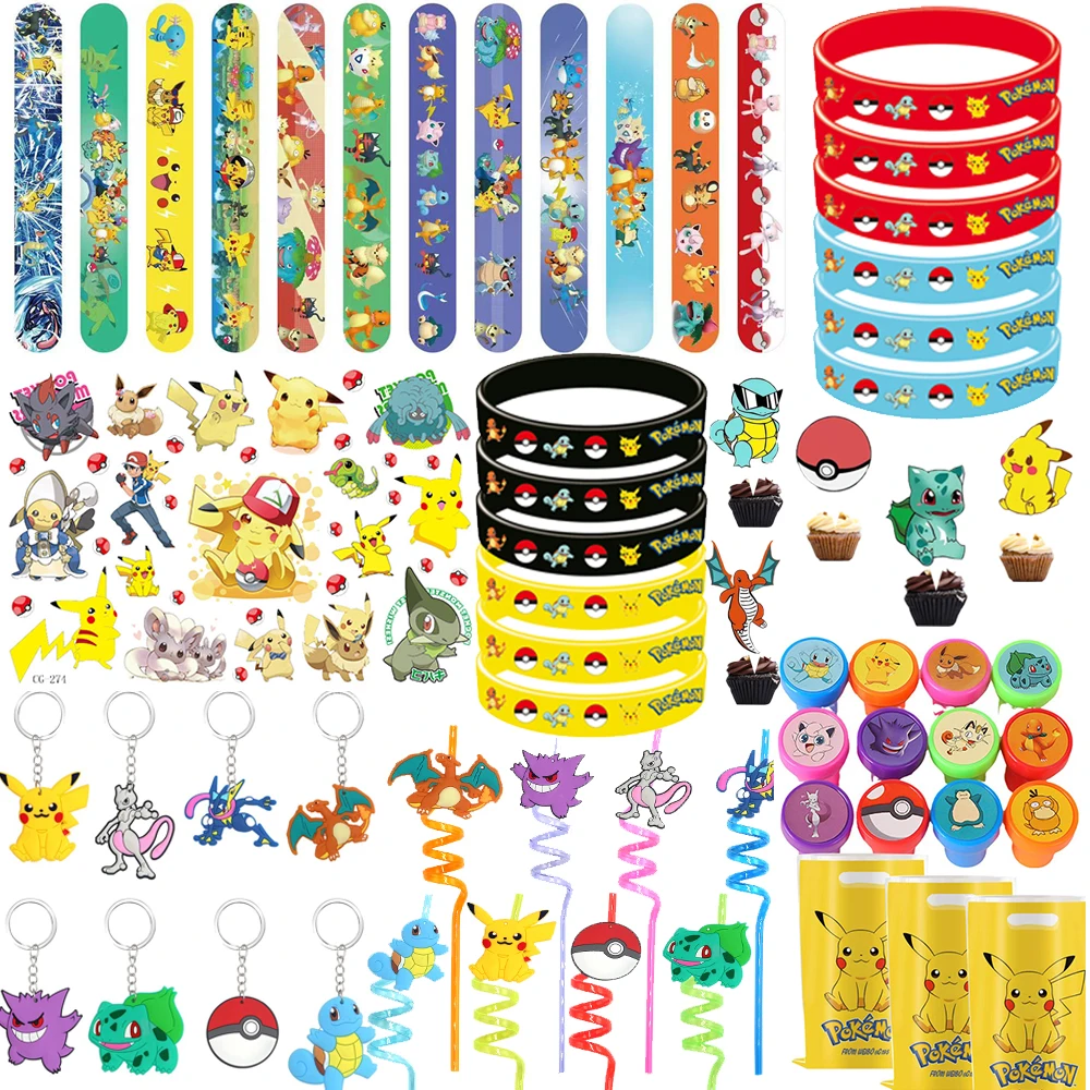 Suministros de recuerdos de fiesta de Pokemon Pikachu, regalos de fiesta, pulsera de bofetada, sellos, tatuajes, pegatinas, rellenos de bolsas de regalos para niños, decoración de fiesta