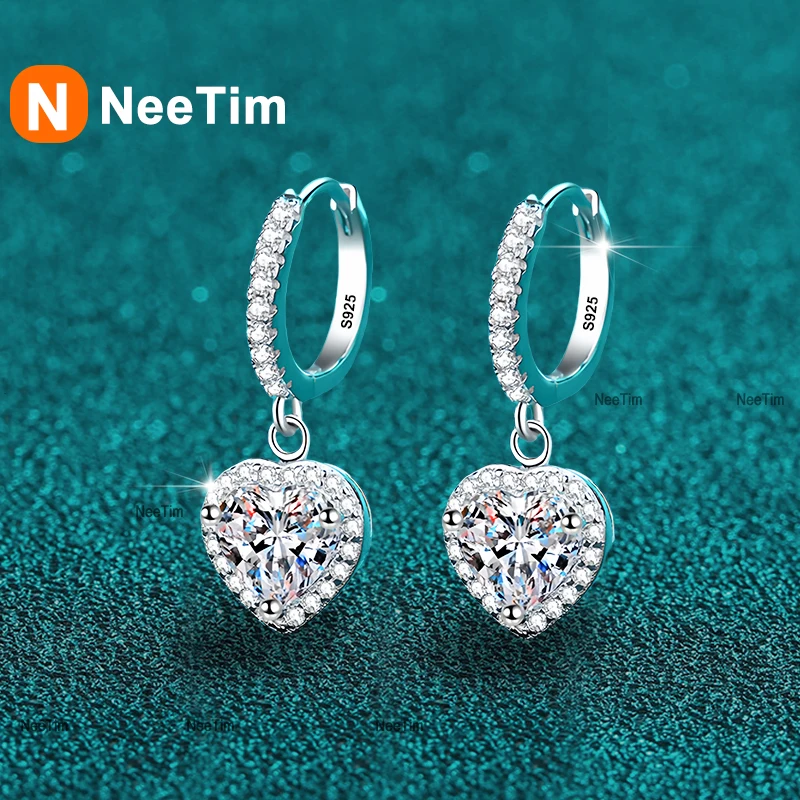 

NeeTim 1 Carat D VVS1 Moissanite Heart Drop Earrings for Women 925 Sterling Silver with White Gold Plated Wedding Hoops Earring