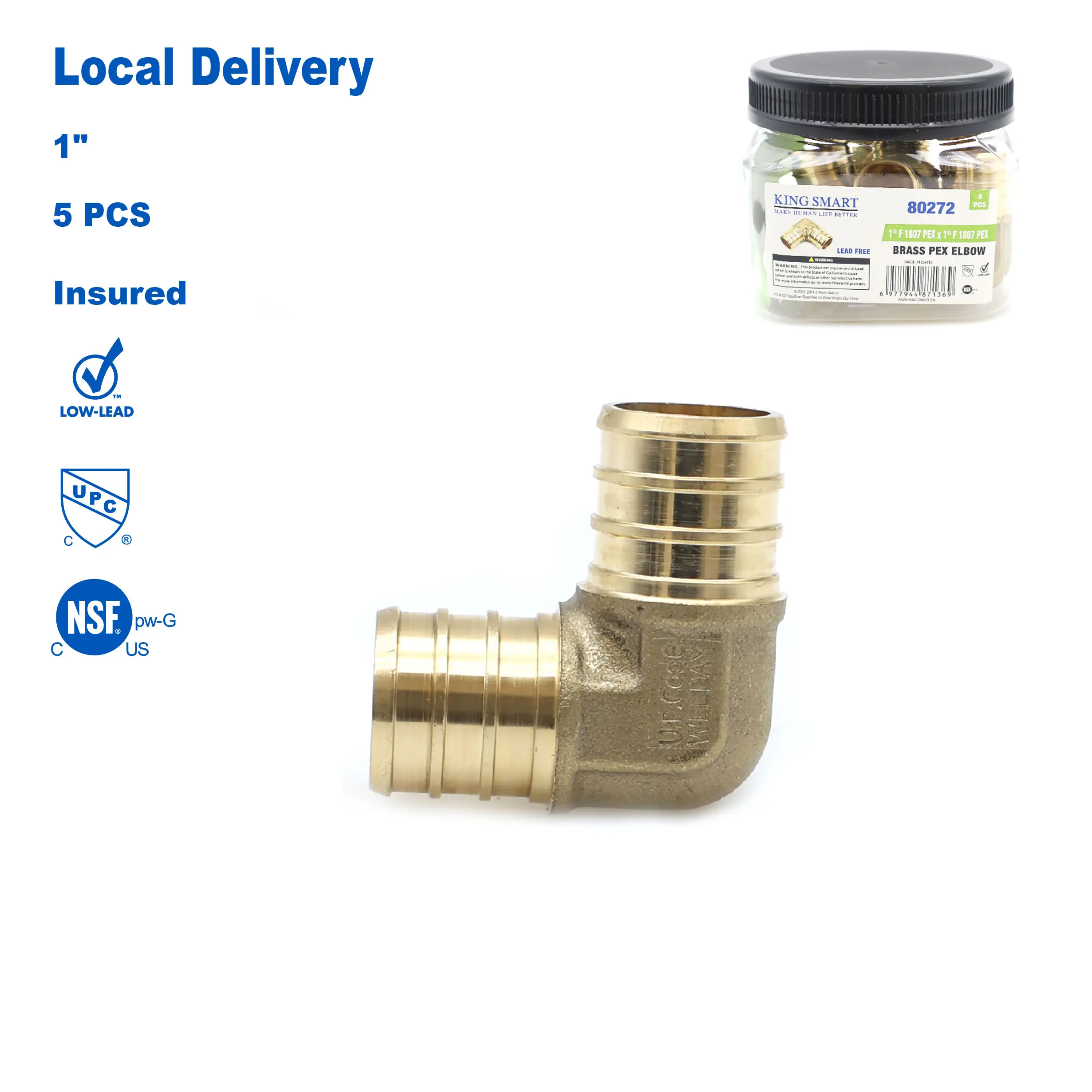 

KING SMART F1807 (Crimp) PEX 1" PEX Elbow; for PEX B/C, PERT Pipe Installation; Lead Free Brass; 5Pcs/Case; 80272