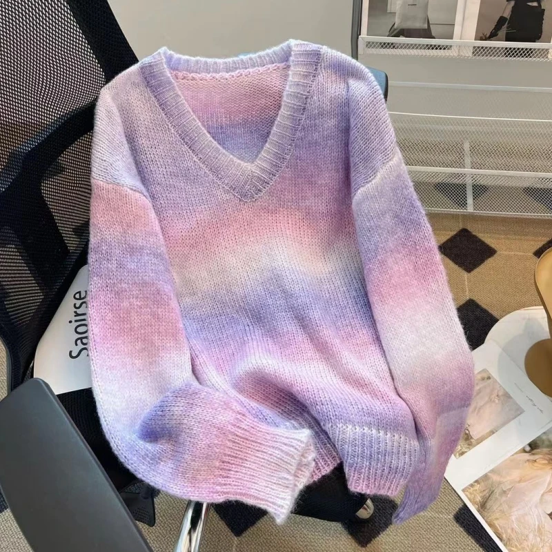 

Women Purple Clothing Vintage Knitting Sweater Grey Long Sleeve Cotton Casual Korean Fashion Baggy Female V-neck Winter NEW Tops