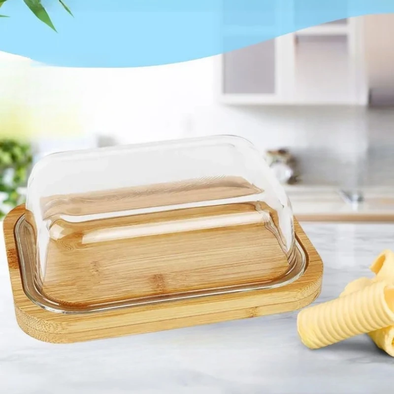 bamboo butter dish with lid for countertop and refrigerator door shelf - Butter Keeper - Butter holder for counter - Butter cont