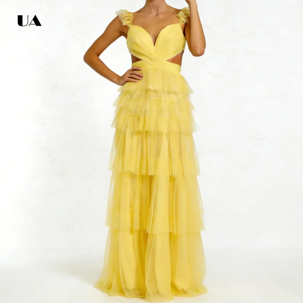 ULBYANRY Ruffle Tiered Tule Kolom Galajurk Effen Sweetheart Hals Uitgesneden Avondjurk Spaghetti Aangepaste Feestjurk